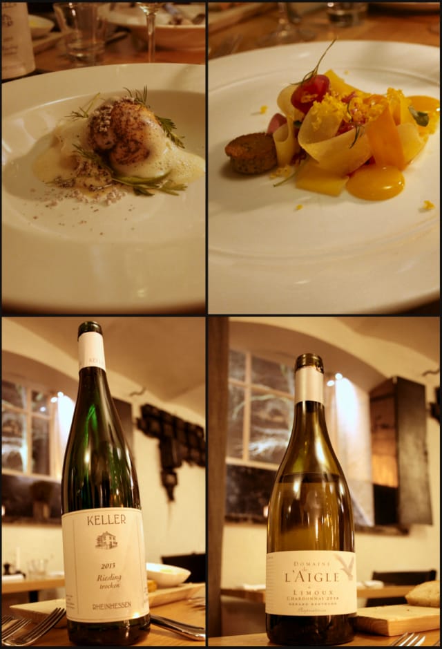 Molemmat alkuruoat, siika-lohi kalapallo sekä uskomaton naudan ulkofiletartarannos. Pariutetut viinit olivat erinomaisia, etenkin Domaine de l’Aigle Chardonnay tartarin kanssa.