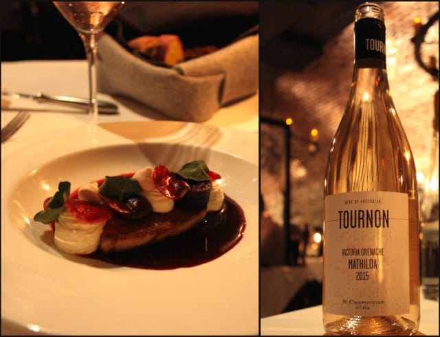 Possunkylkeä, paistettu 68 asteessa kuusitoista tuntia. Crème Fraîchea sekä punajuurta haudutettuna, pyreenä sekä marenkina. / Tournon Mathilda Rose 2015.