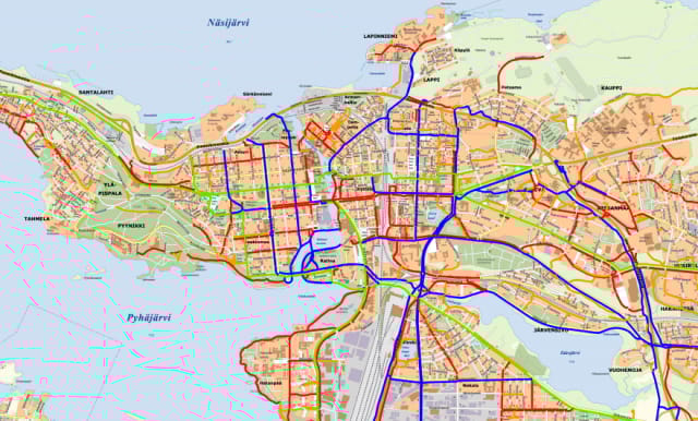 Tampereen pyöräreitteihin voi tutustua pyöräteitä listaavassa kartassa.