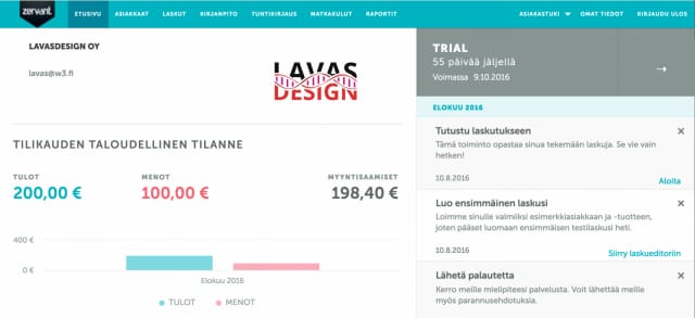 Laskutusohjelma Zervantin aloitusnäkymässä näet yrityksesi tulot ja menot.