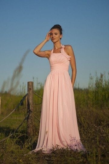 Robe de soirée rose longue halter
