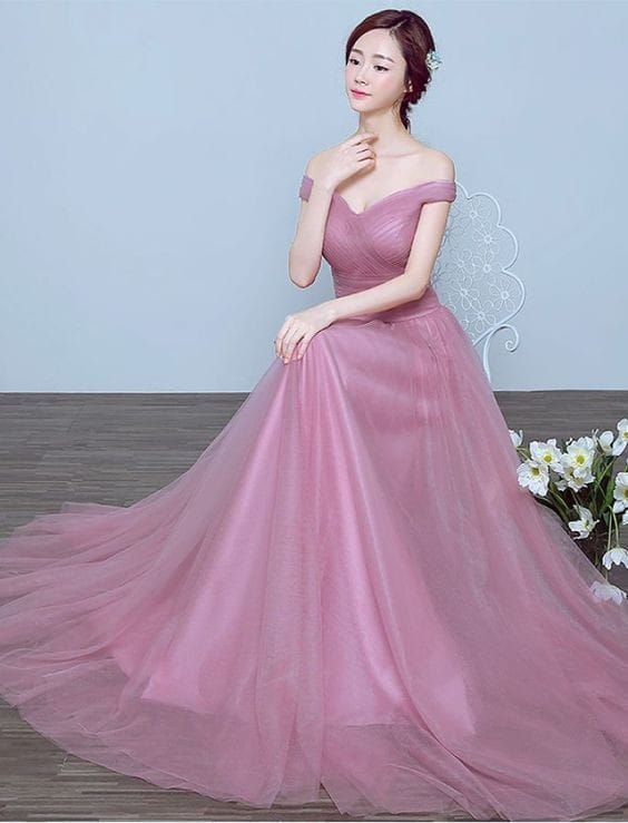 Robe de soirée rose épaule dénudée longue en tulle