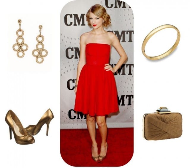 Robe rouge avec accessoires d'or Taylor swift