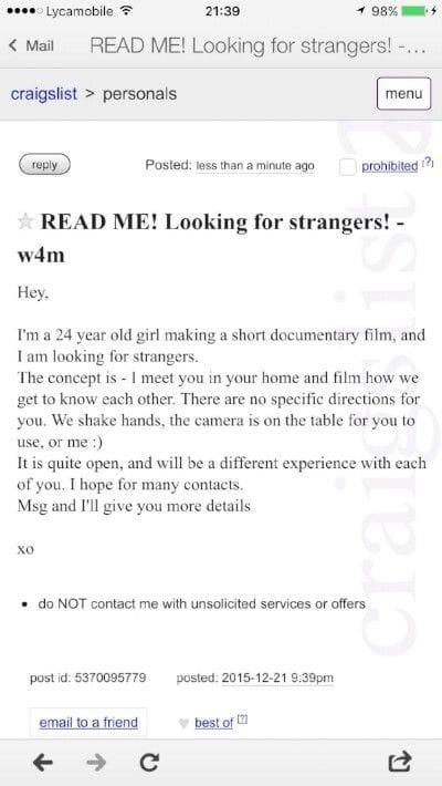 Elagozin ilmoitus Craigslist-palvelussa.