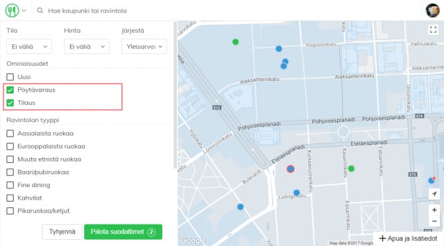 Voit listata ravintolat joihin voi varata pöytiä ja tilata ruokaa Woltin välityksellä.