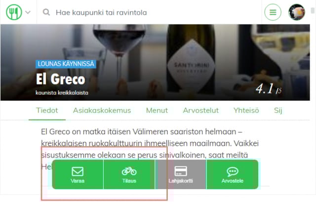 Klikkaa ravintolasivulta löytyviä toimintopainikkeita varataksesi pöydän ja tilataksesi ruokaa. Lahjakortin ostomahdollisuus on tulossa. Stay tuned!