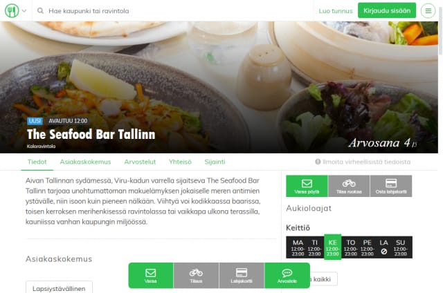 Tallinnassa voit tehdä pöytävarauksen esimerkiksi The Seafood Bar -kalaravintolaan.