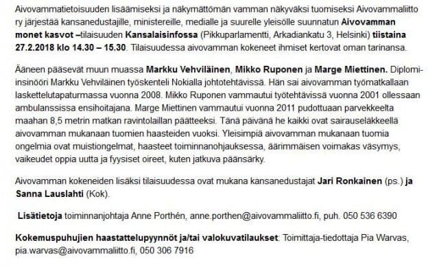 "aivovamma koskettaa noin puolta miljoonaa suomalaista."