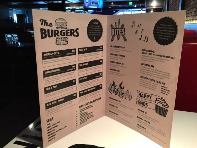 Laaja lista herkullisine burgereineen.