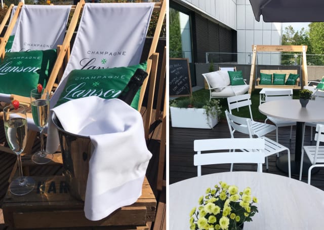 Meritorpan terasseilla pääsee rentoutumaan myös aurinkotuoleissa ja pihakeinussa.