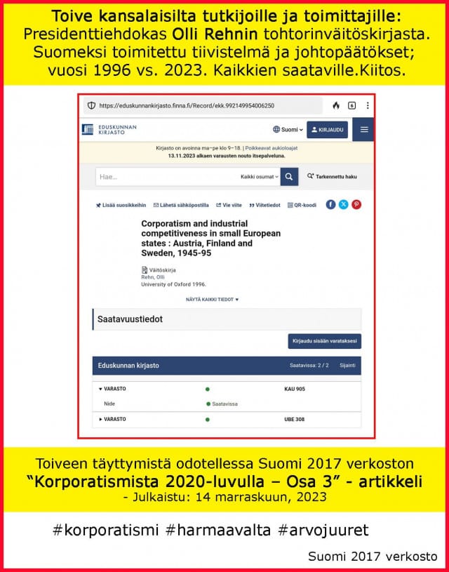 Kohti Suomen korporatismikoneiston avaamista.