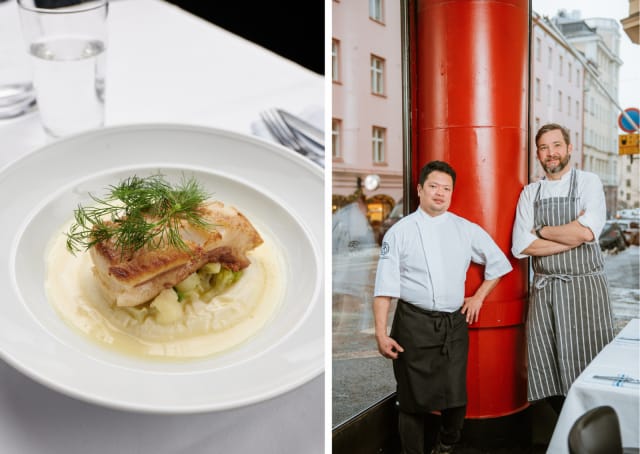 Kuvassa vasemmalla Maxillin keittiömestari Marlon Rueda ja oikealla Michelin-kokki Filip Langhoff.