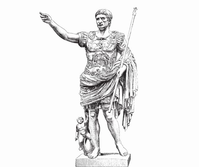 Keisari Augustuksen patsaasta mukailtu piirros.