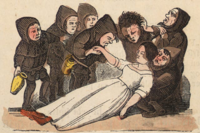 Kuvituskuva islantilaisesta Grimmin sadun käännöksestä "Mjallhvit" eli Lumikista vuodelta 1852.