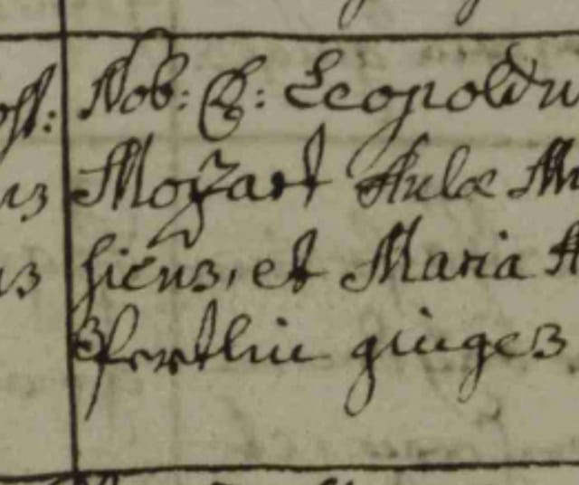 Wolfgang Amadeus Mozartin kastemerkintä.