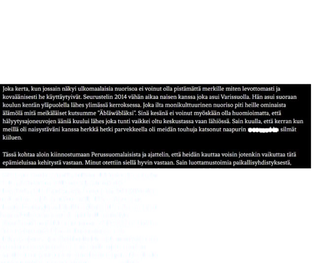 Julkisesta poliittisesta blogitekstistä otettu kuvakaappaus. Sensuroimme avoimen rasistiset ilmaukset, koska viesti menee perille ilmankin.