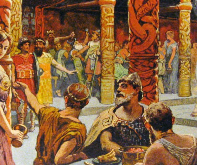 Vuodelta 1905 peräisin oleva berliiniläistaiteilijan piirros Valhallasta. Keskellä Odin.