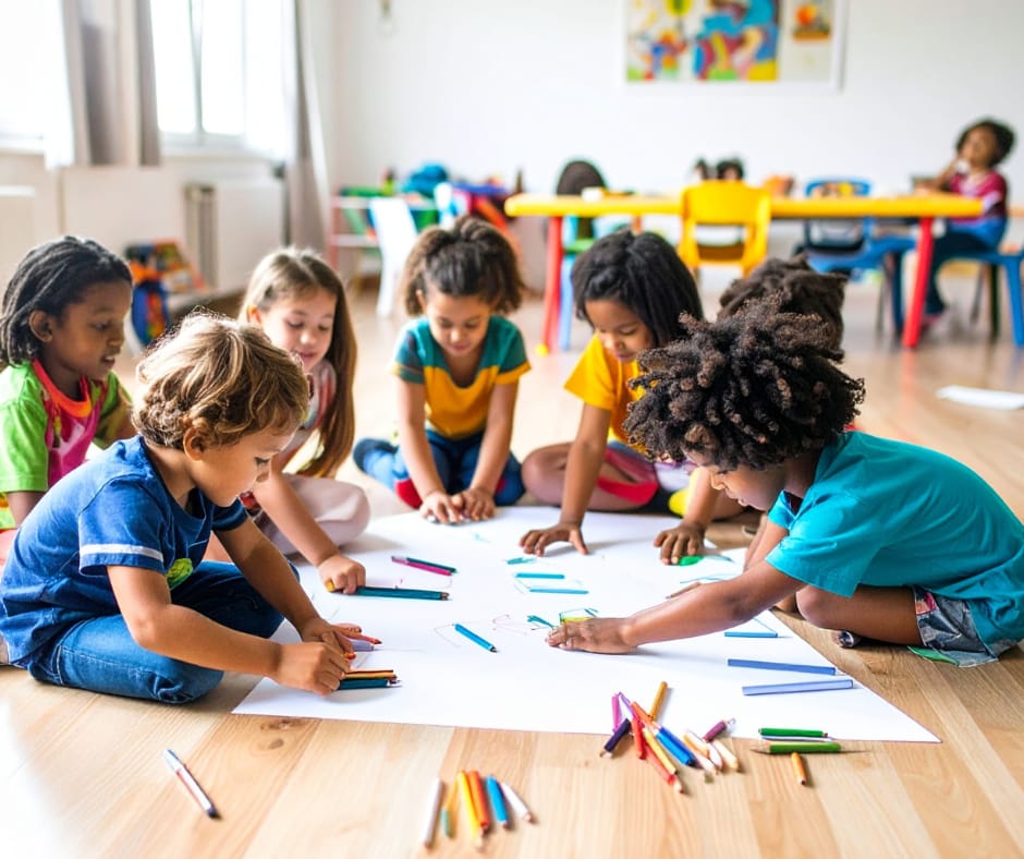 Lapsia piirtää ringissä isolle samalle paperille. 