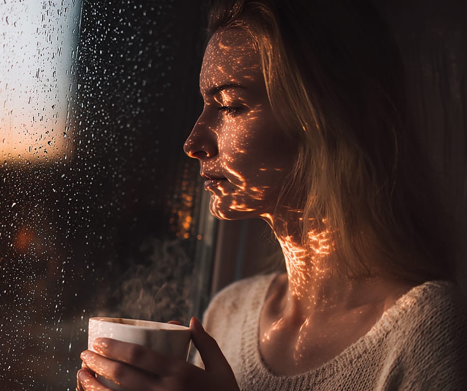 Kuvassa nainen katselee sateisesta ikkunasta ulos kahvikuppi kädessään haikeana.