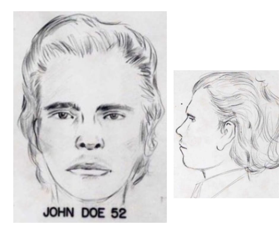 Forensinen luonnos tunnistamattomasta murhan uhrista, joka löydettiin vuonna 1973.