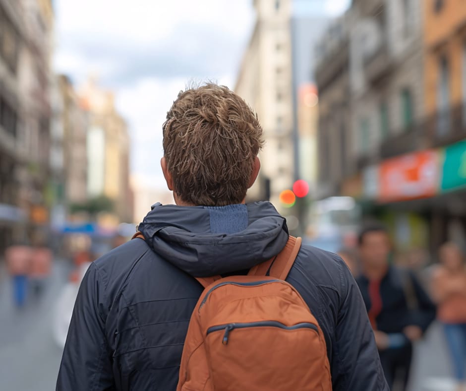 Kuvassa näkyy mies kauoungin keskellä takaapäin. Miehellä on oranssi reppu selässään ja hän katselee eteenpäin.