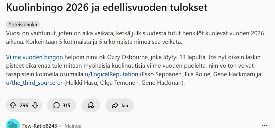 Kuvakaappaus Kuolinbigosta 2026 Redditistä. Kuvakaappauksessa on vain viime vuoden voittajat ja kerrottu tämän vuoden säännöt. 