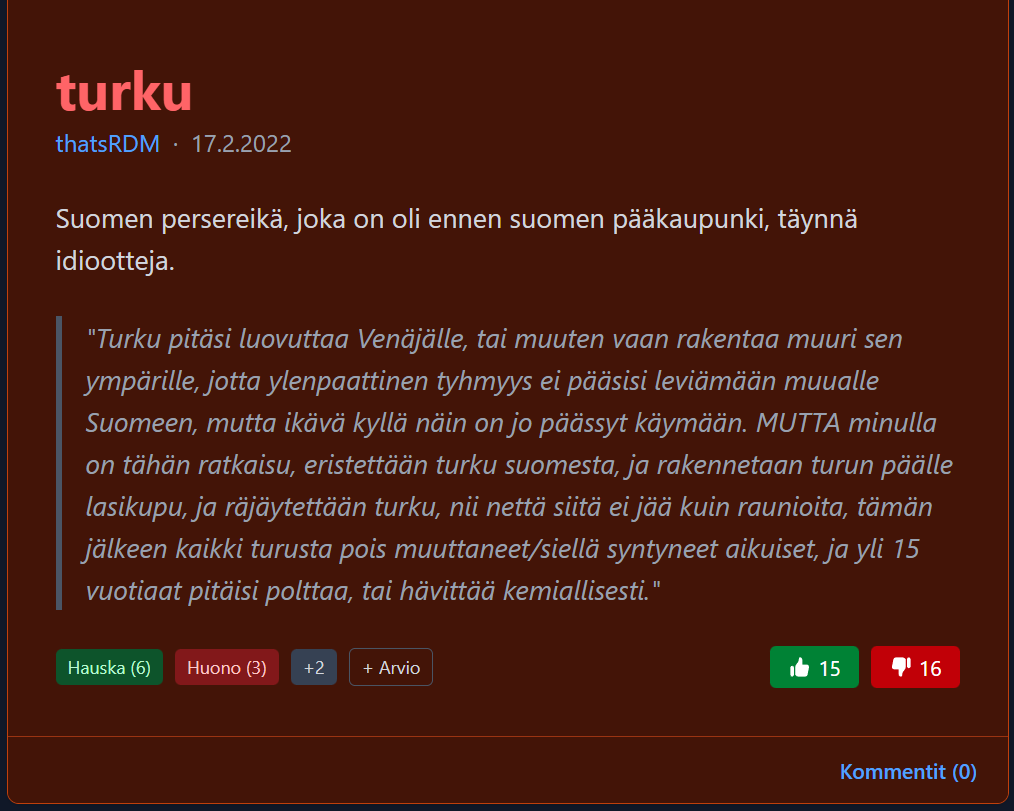 Kuvakaappaus Urbaani Sanakirja -sivustolta, jossa käyttäjä on lisännyt sanalle “Turku” provosoivan ja liioitellun kuvauksen, jossa kaupunkia kutsutaan “Suomen persereiäksi”. Teksti on esimerkki netissä kiertävästä mustasta huumorista ja kaupunkien välisestä pilailusta.