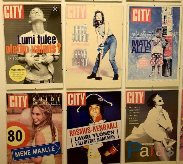 Vanhoja City-lehden kansia rivissä.
