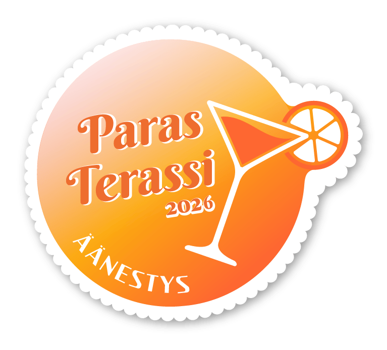 Paras Terassi 2026 -äänestysmerkki oranssilla liukuvärillä. Kuvassa cocktail-lasi sitruunaviipaleella ja teksti “Paras Terassi 2026” sekä “Äänestys”.