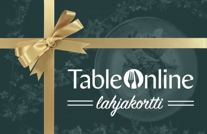 TableOnline-lahjakortti: tummanvihreä kortti, jossa kultainen rusetti ja TableOnline-logo.