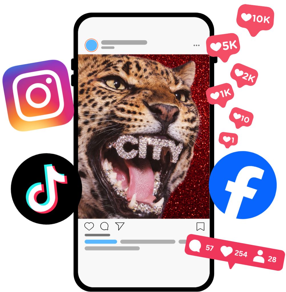 Älypuhelimen näyttö, jossa näkyy somepostaus: lähikuvassa leopardi, jonka suussa on timanteista muodostettu teksti “CITY”. Taustalla on punainen glitterpinta. Puhelimen ympärillä leijuu sosiaalisen median elementtejä, kuten tykkäys- ja kommentti-ikoneita sekä Instagramin, TikTokin ja Facebookin logot.