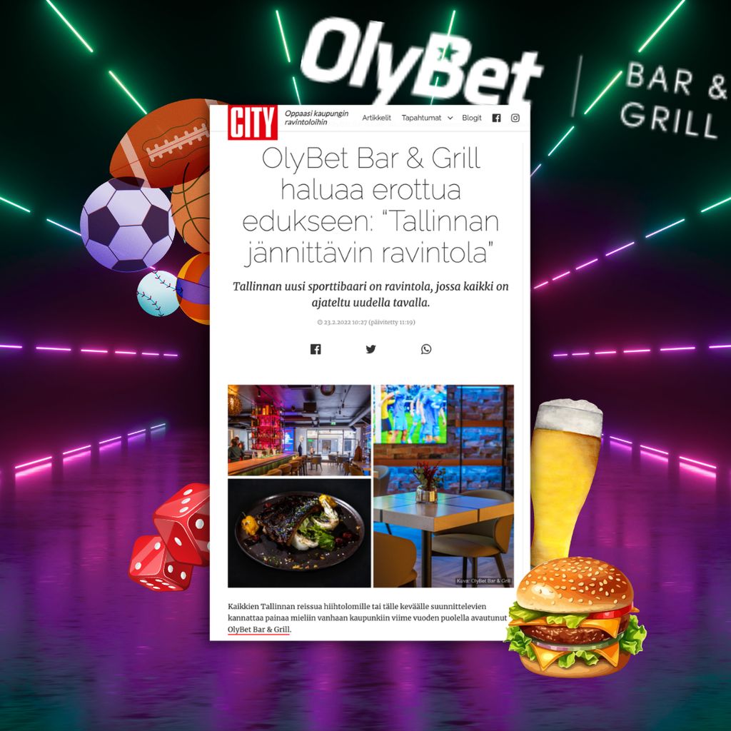Esimerkkikuva City.fi:n sisältöyhteistyöartikkelista OlyBet Bar & Grill -ravintolasta. Artikkelisivun ympärillä neonvaloja, urheilupalloja, nopat sekä hampurilainen ja oluttuoppi kuvastamassa ravintola- ja viihdeteemaa.