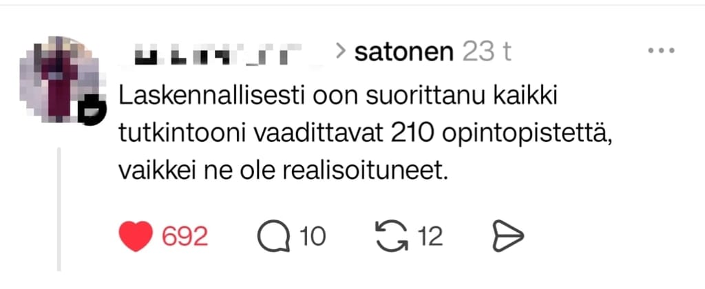 Kuvakaappaus viestipalvelu Threadsista, mutta tunnistetiedot peitetty. 