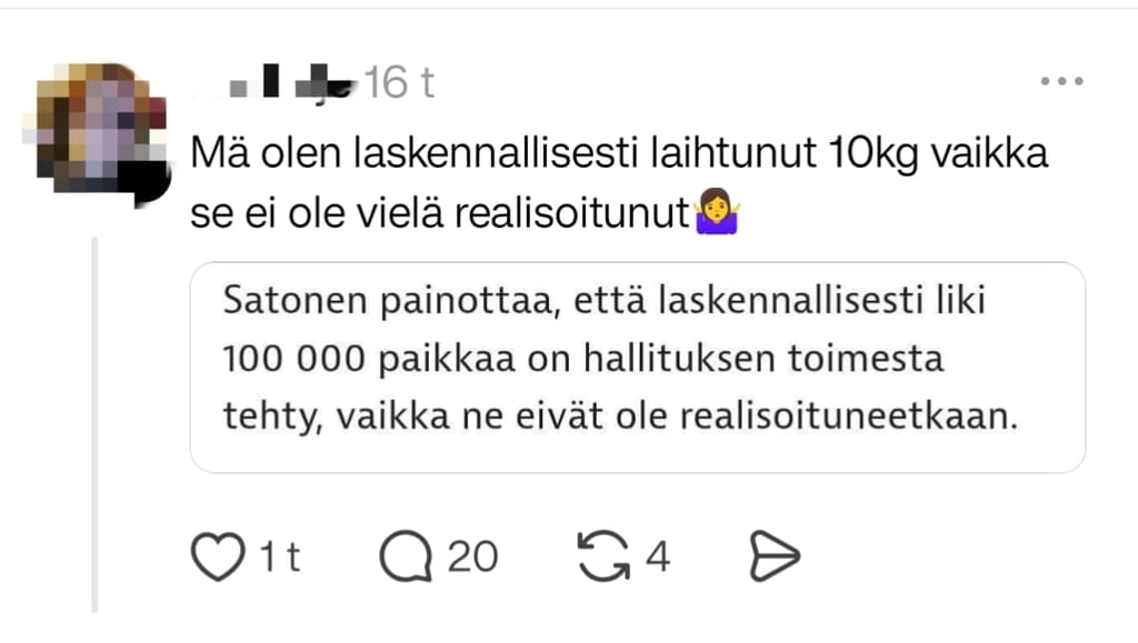 Kuvakaappaus viestipalvelu Threadsista, mutta tunnistetiedot peitetty. 