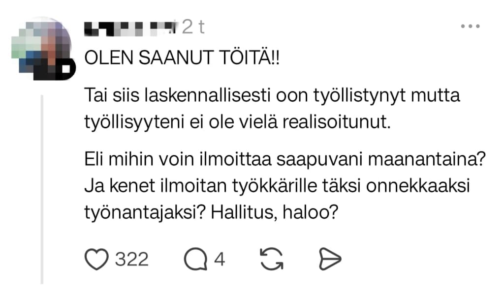 Kuvakaappaus viestipalvelu Threadsista, mutta tunnistetiedot peitetty. 
