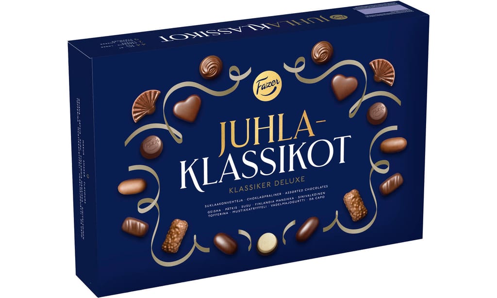 Fazerin sininen Juhlaklassikot-konvehtirasia, jonka kannessa on kultaiset koristeet ja luettelo rasian suklaakonvehtimauista.