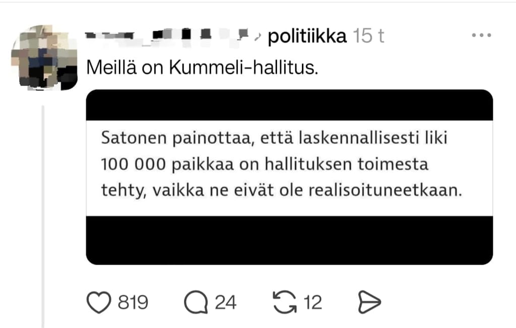 Kuvakaappaus viestipalvelu Threadsista, mutta tunnistetiedot peitetty. 