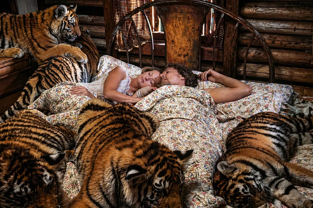 Pariskunta nukkumassa sängyssä tiikerilauman keskellä Roar-elokuvan kohtauksessa.