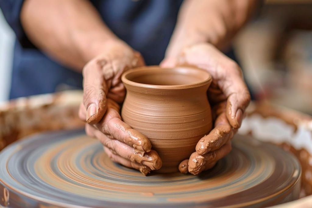 Saven dreijaamista kulhomuotoon. Savi on tummaa savea ja ihminen pitää kiinni siitä molemmin puolin. Kuvituskuva. 