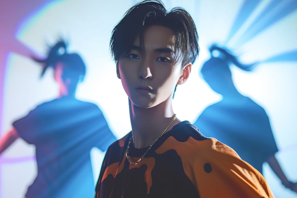 K-Pop hahmo seisoo lavalla värivalojen loisteessa ja taustalla on taustatanssijoita tummina siluetteina. Mieshahmon ikää on vaikea määritellä, mutta hän on perinteinen k-pop-tähti.