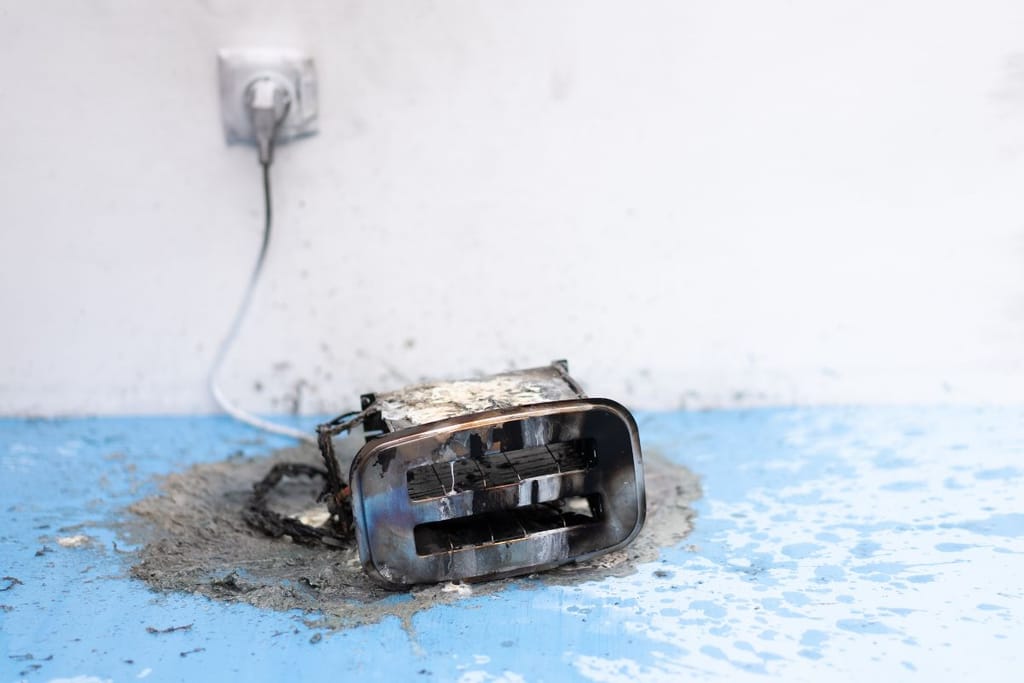 Rikkinäinen leivänpaahdin. Paahdin on palanut piloille sähkövian takia. Kuvituskuva. 