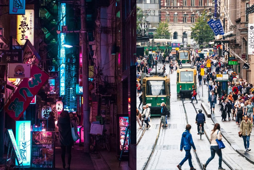 Korean yöelämä neonvaloineen ja Helsinki päivällä ihmisvilinässä. Toisessa kuvassa on korealaisia kylttejä ja värikkäitä valoja, kun taas Helsinki on päivä, ratikat kulkevat ja ihmisiä on valtavasti kaduilla. 
