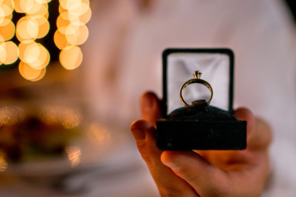 Joulukuusen valot näkyvät taustalla, edessä avattu sormusrasia jossa kihlasormus. Miehen käsi pitelee rasiaa, jossa on tumma pinta. 