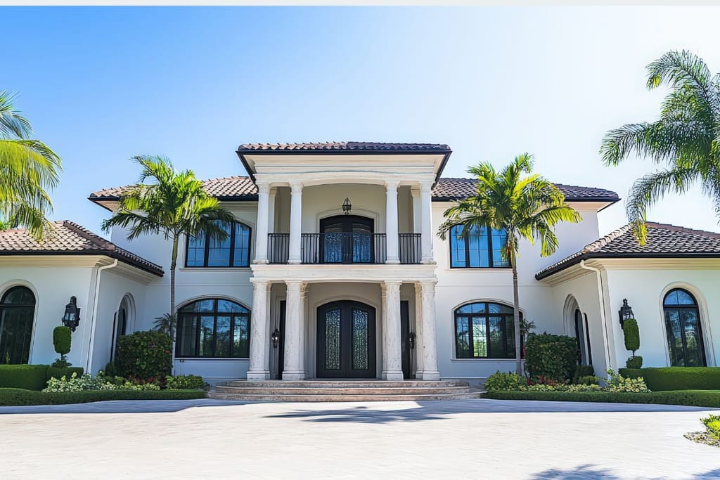 valkoinen pytinki amerikassa, jossa on valtavat eteispylväät ja pari palmua vieressä