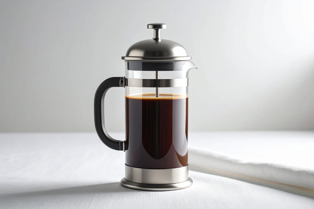  Pöydällä pressopannussa kahvia. 