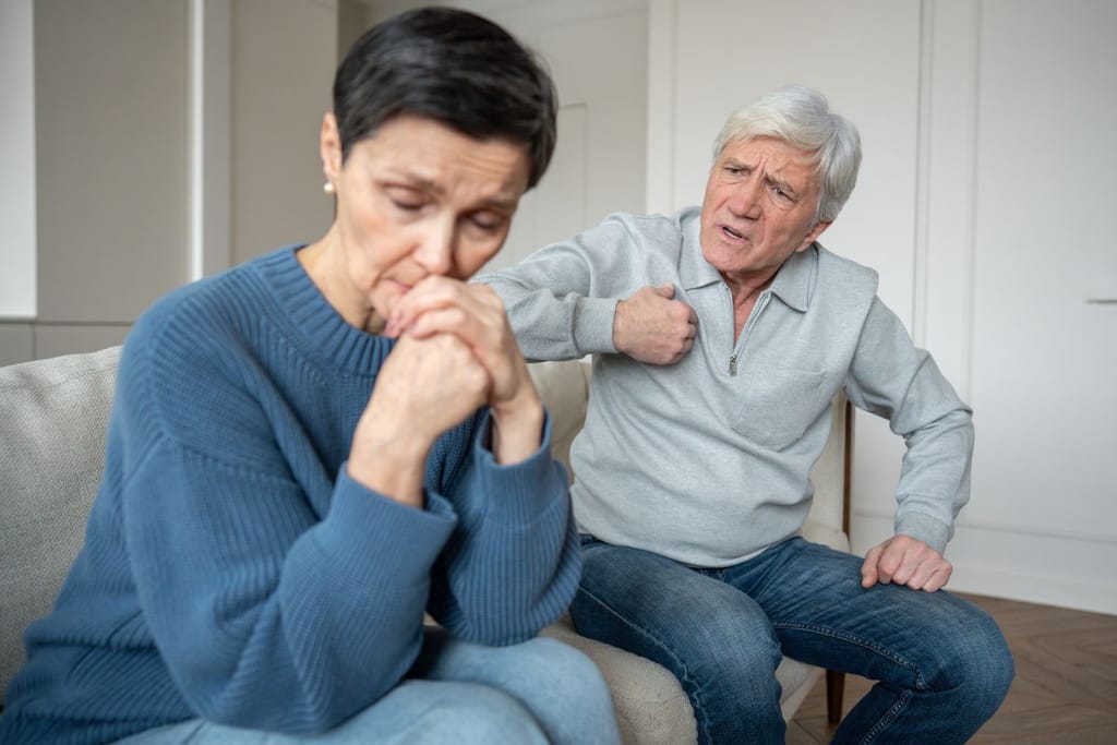 Iäkäs mies puhuu kiivaasti, kun hänen vieressään istuva nainen katsoo alaspäin kädet yhteen puristettuina ja vaikuttaa ahdistuneelta.
