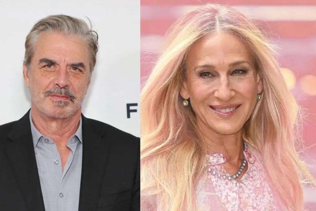 Yhdistelmäkuva Chris Nothista ja Sarah Jessica Parkerista. Toinen poseeraa valkoista taustaa vasten ja SJP pinkkiä taustaa vasten punaisella matolla.