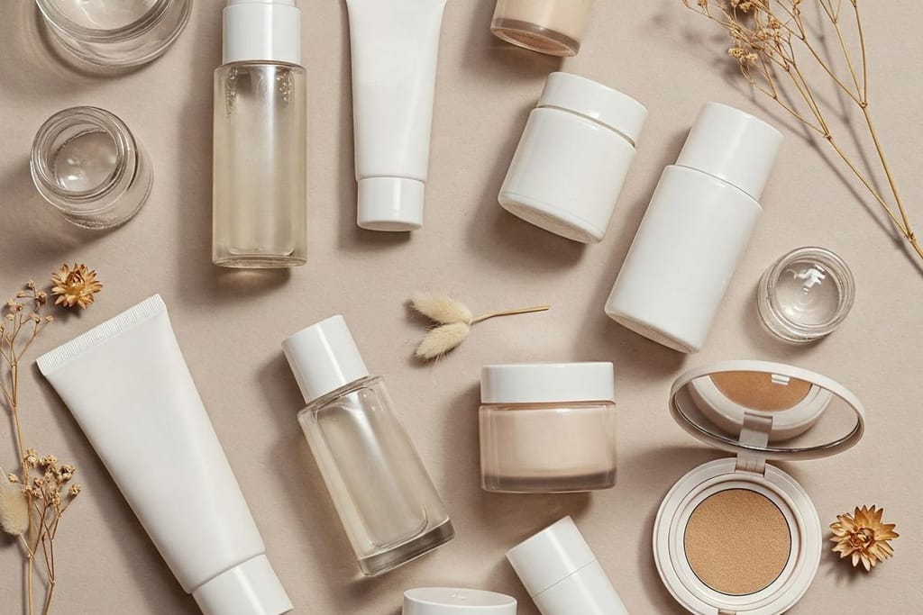 Kosmetiikkapurkkeja ilman etikettejä vaaleanpunaista taustaa vasten. Seassa on kasveja koristeena.