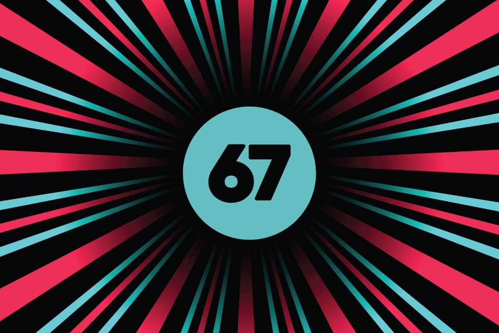 Graafinen kuvitus, jossa numero 69 on valkoisena mustan ympyrän keskellä. Taustalla säteittäinen kuvio turkoosin ja pinkin sävyissä.