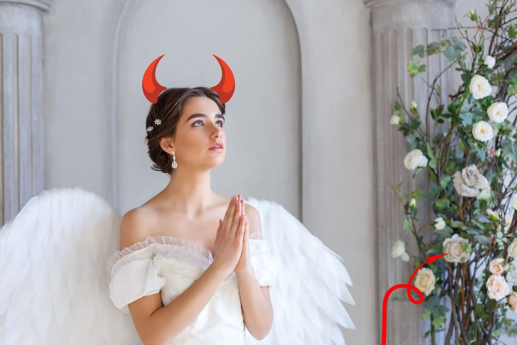 Enkeliksi pukeutunut nainen seisoo rukousasenossa kirkon näköisessä ympäristössä, mutta hänelle on pirunhäntä ja sarvet piirretty kuvan päälle. Kuva symboloi piilotettua pahuutta.